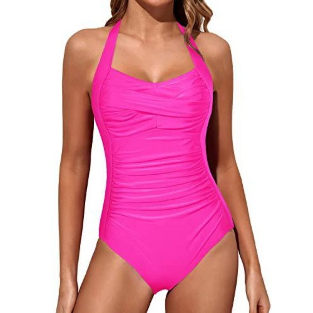 New Women's Pink Tempt Me Tummy Control One Piece Slimming Halter 22W